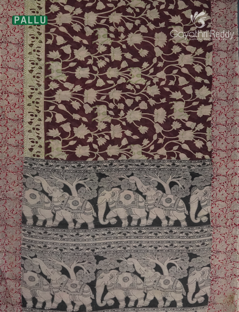 Kalamkari Printed Cotton Saree in Deep Maroon and Beige