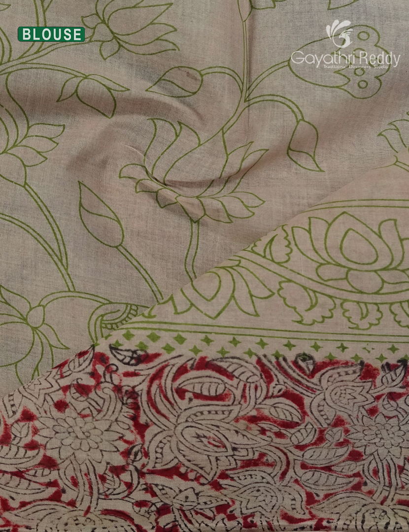 Kalamkari Printed Cotton Saree in Deep Maroon and Beige