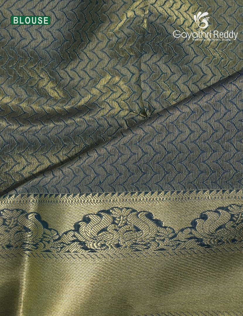 Pure Kanchipuram Sico Saree in Grey and Peacock Green