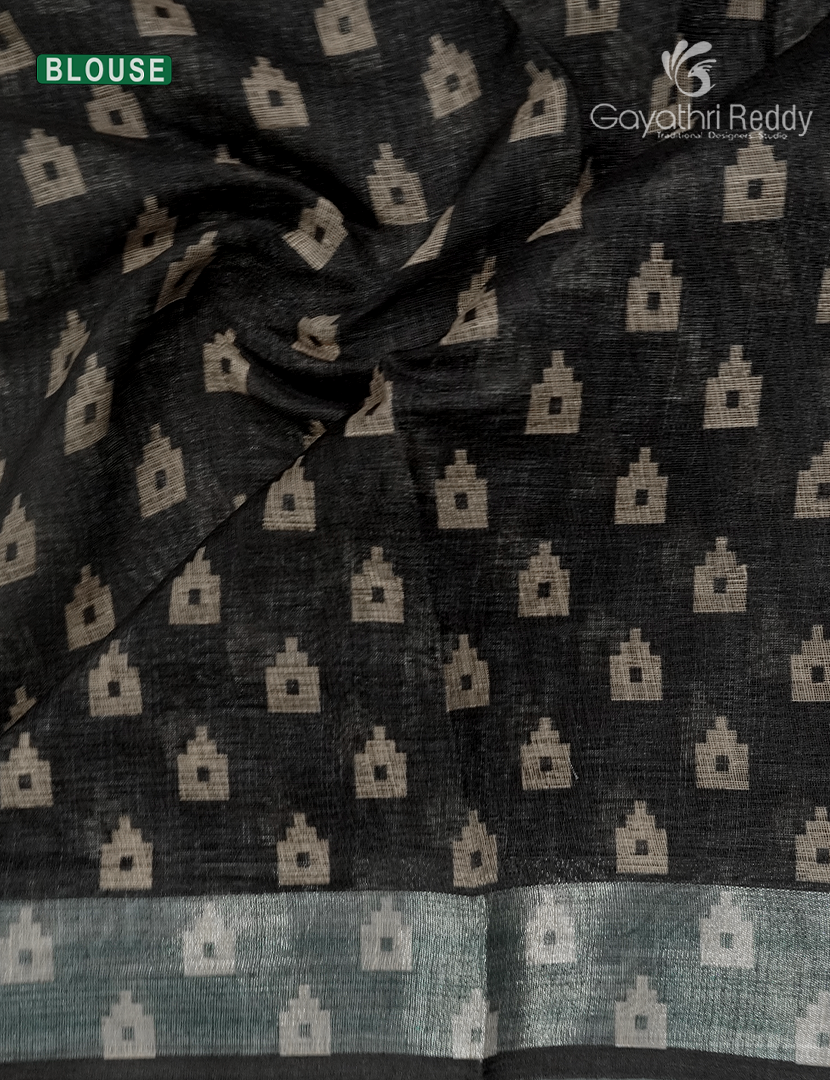 Linen Silk Saree in Cream and Black
