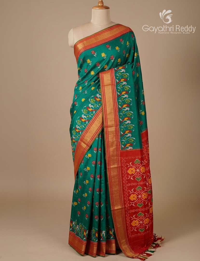 Pure Ikat Silk Saree in Rama Green and Brick Red