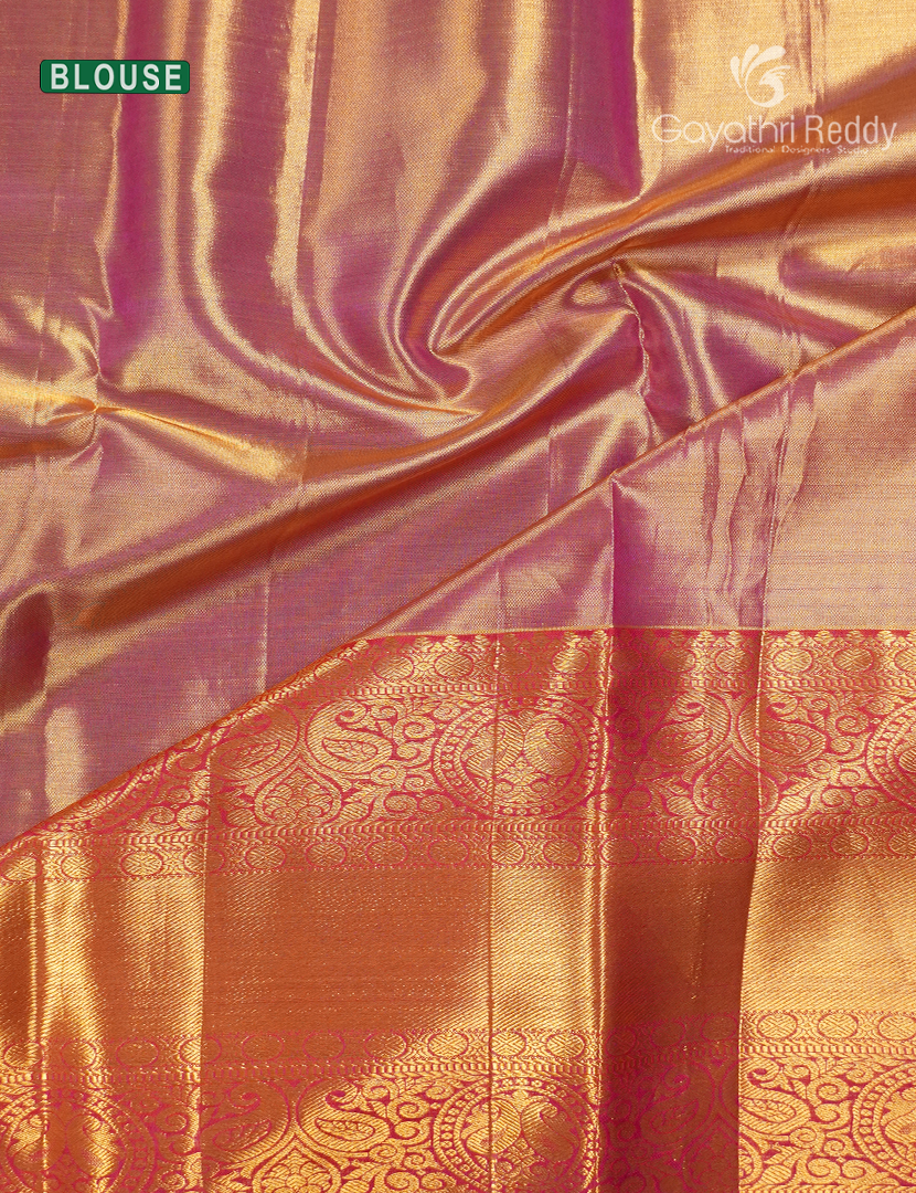 Pure Kanchipuram Silk Bridal Saree in Pastel Gold and  Orange