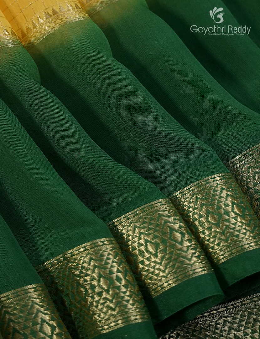 Semi Mysore Crepe Saree in Lime Yellow and Bottle Green