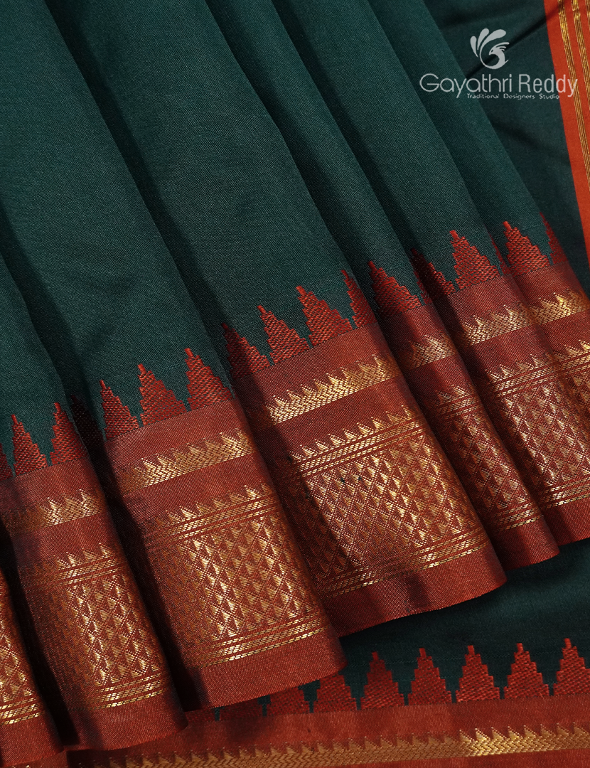 Semi Gadwal Saree in Bottle Green and Orange