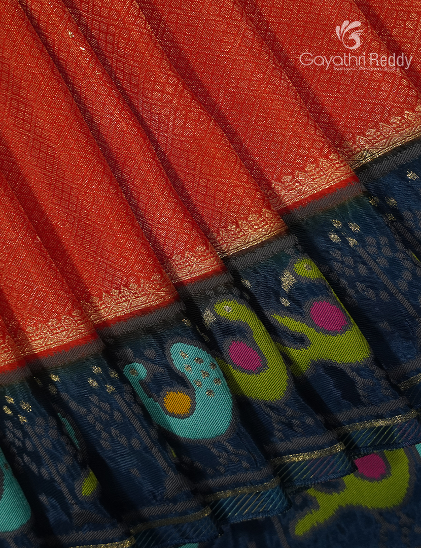 Semi Mysore Silk Saree in Orange and Deep Peacock Green