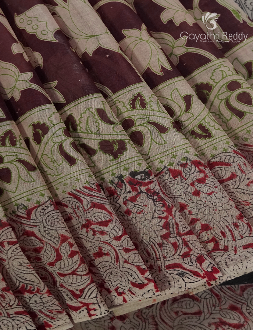 Kalamkari Printed Cotton Saree in Deep Maroon and Beige