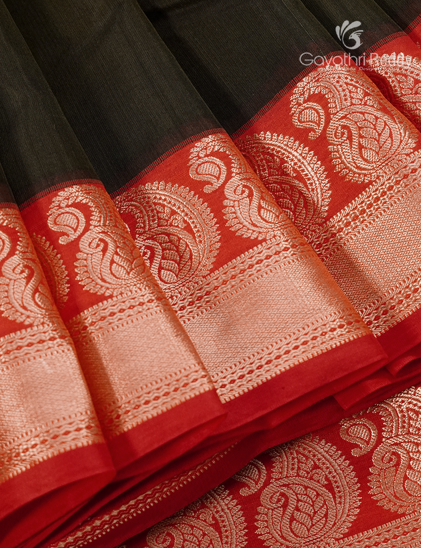 Pure Kanchi Sico Saree in Deep Olive Green and Red