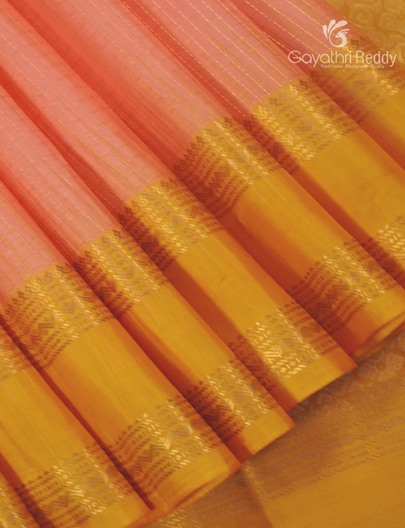 Pure Kanchipuram Vintage Silk Saree in Peach and Golden Yellow
