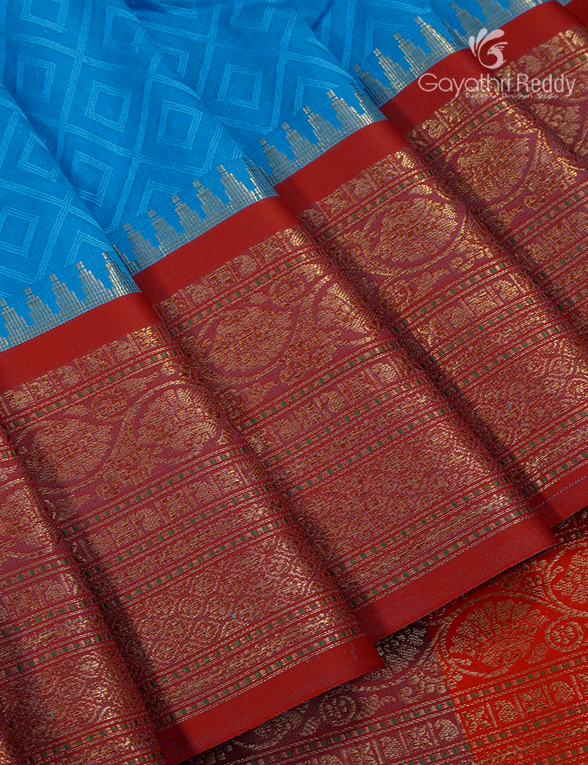 Semi Katan Silk Saree in Sky Blue and Red