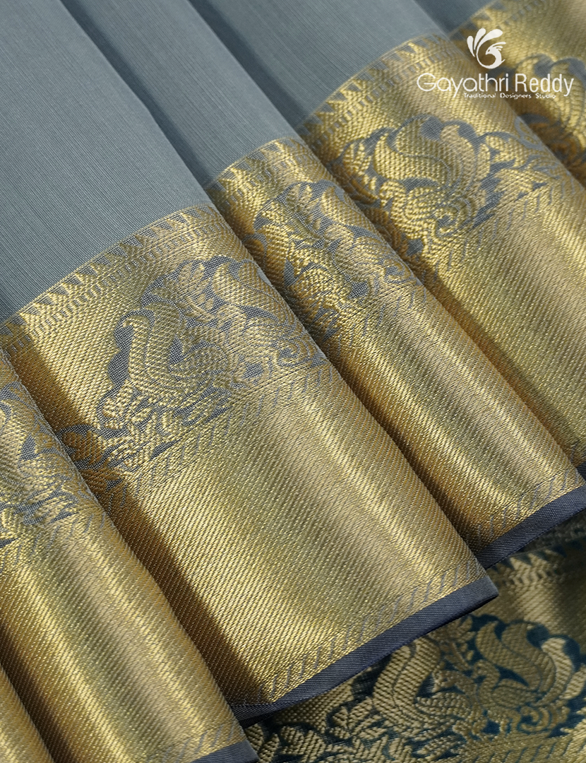 Pure Kanchipuram Sico Saree in Grey and Peacock Green