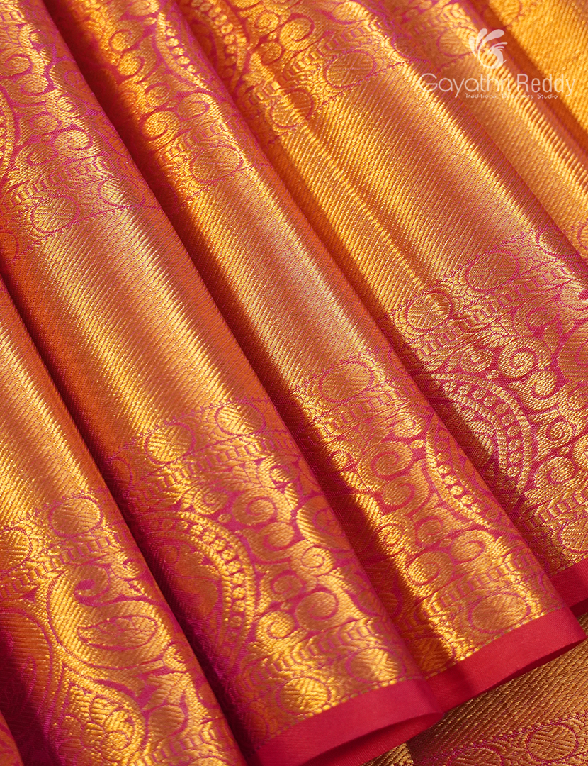 Pure Kanchipuram Silk Bridal Saree in Pastel Gold and  Orange