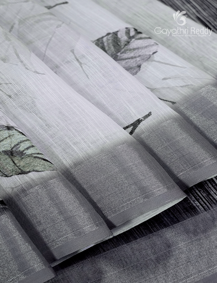 Linen Silk Saree in White and Black