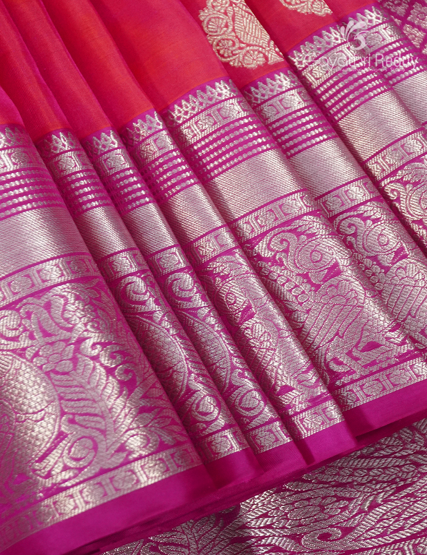 Pure Venkatagiri Silk Saree in Peach Pink and Hot Pink