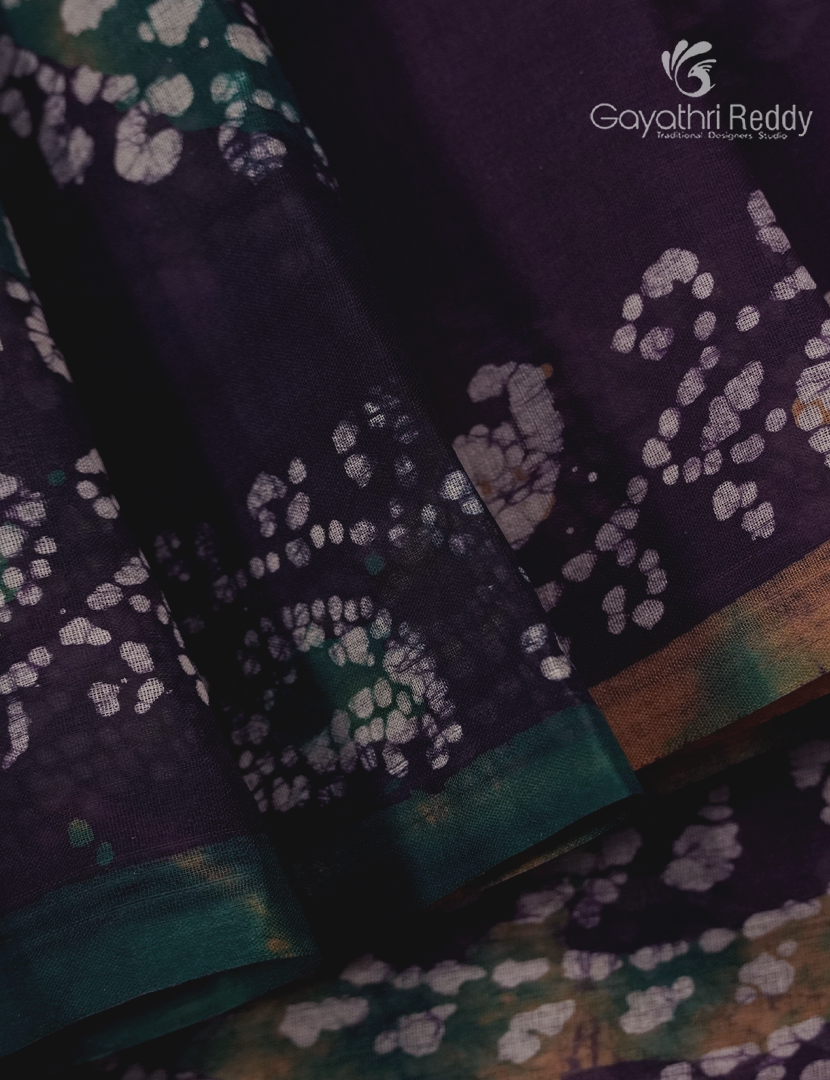 Cotton Batik Print Saree in Aubergine