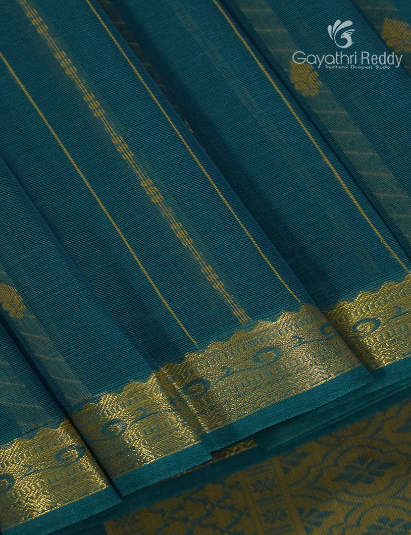 Pure Kanchi Cotton Saree in Deep Peacock Blue