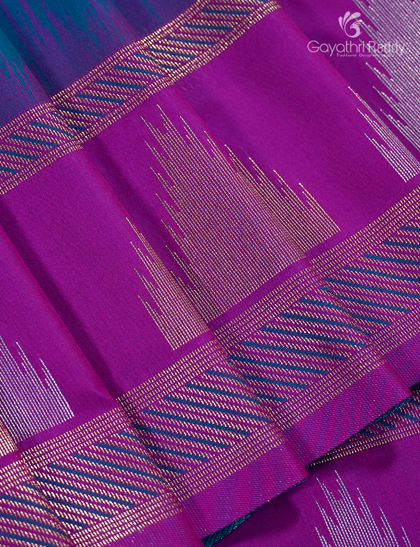 Semi Kanchipuran Silk Saree in Deep Peacock Blue and  Magenta Pink