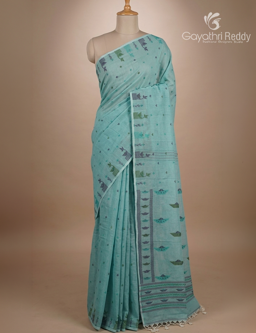 Jamdani Cotton Saree in Light Blue