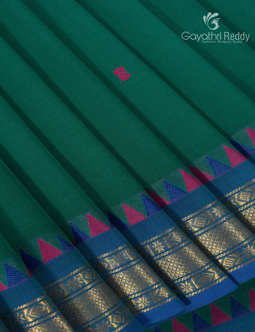 Pure Handloom Cotton Saree in Deep Rama Green