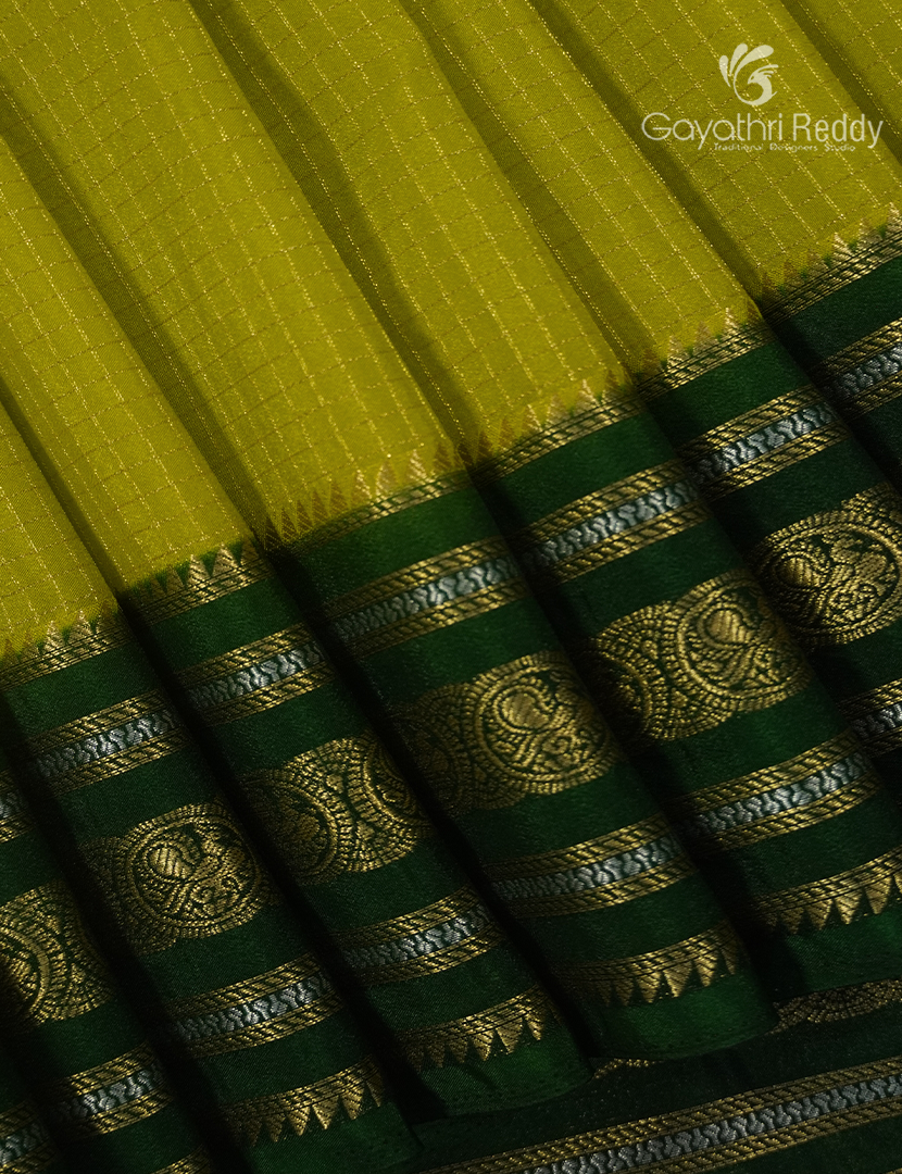 Semi Mysore Crepe Saree in Lime Green and Bottle Green