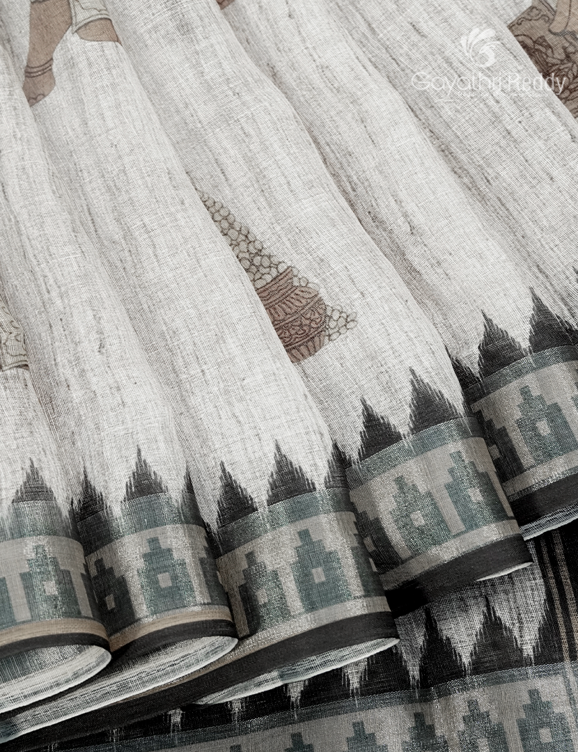 Linen Silk Saree in Cream and Black