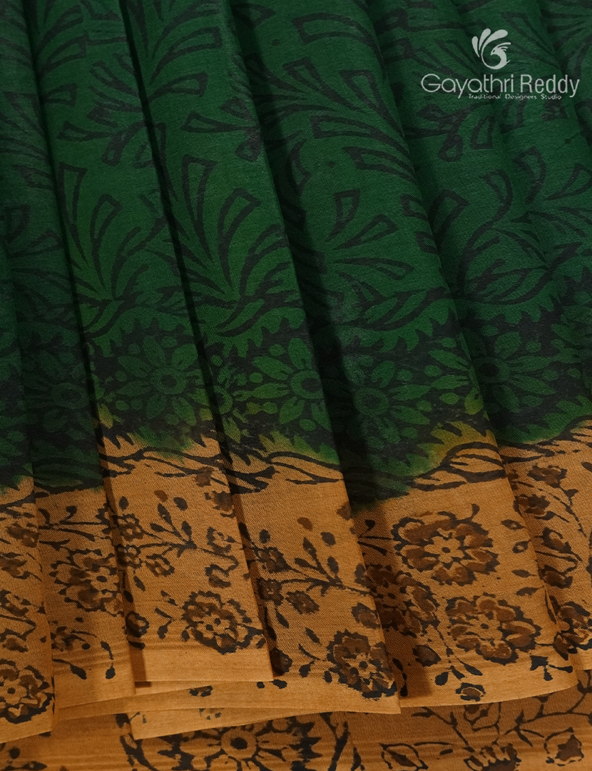 Block Print Cotton Saree in Bottle Green and Yellow