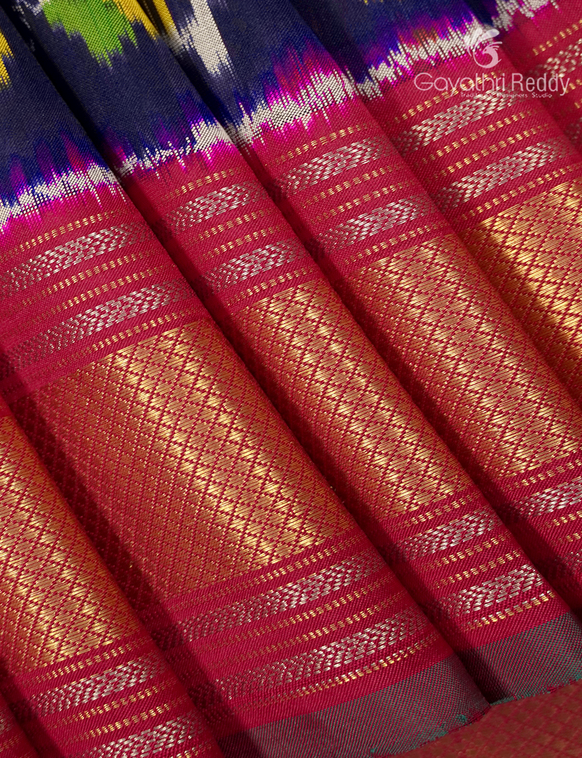 Pure Ikat Silk Saree in Deep Navy Blue and Rose Pink