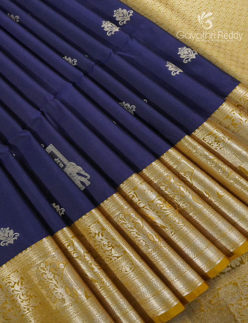 Soft Silk Saree in Deep Navy Blue and Dry Mehendi