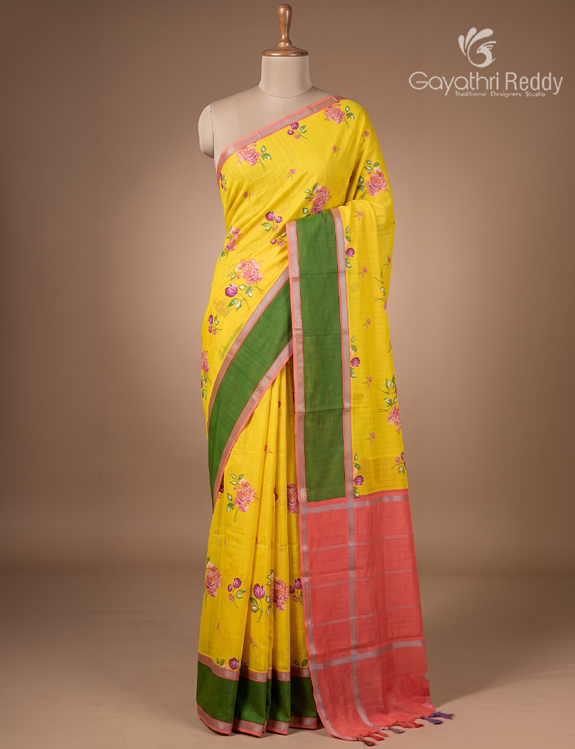 Mangalgiri Printed Saree in Yellow , Peach Pink and Mango Green