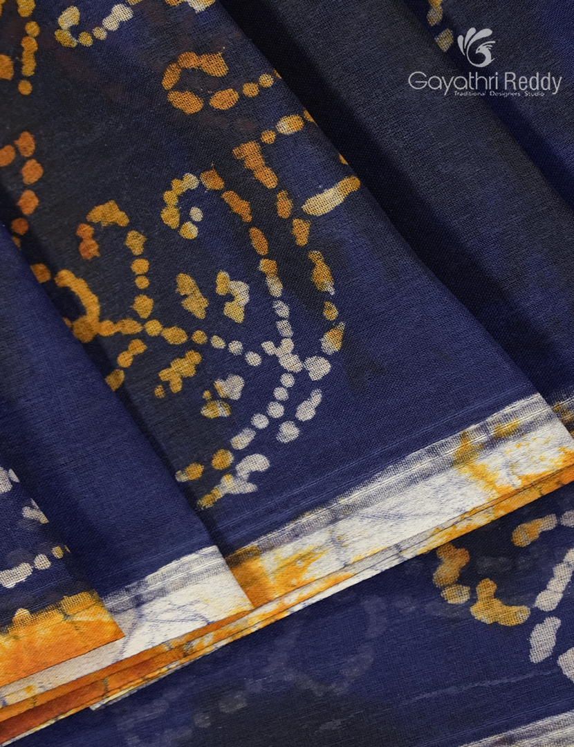 Cotton Batik Print Saree in Navy Blue
