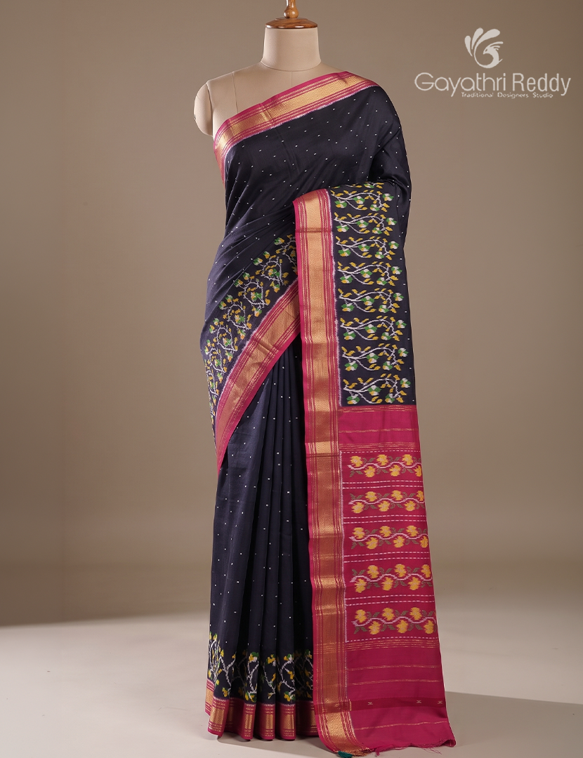 Pure Ikat Silk Saree in Deep Navy Blue and Rose Pink
