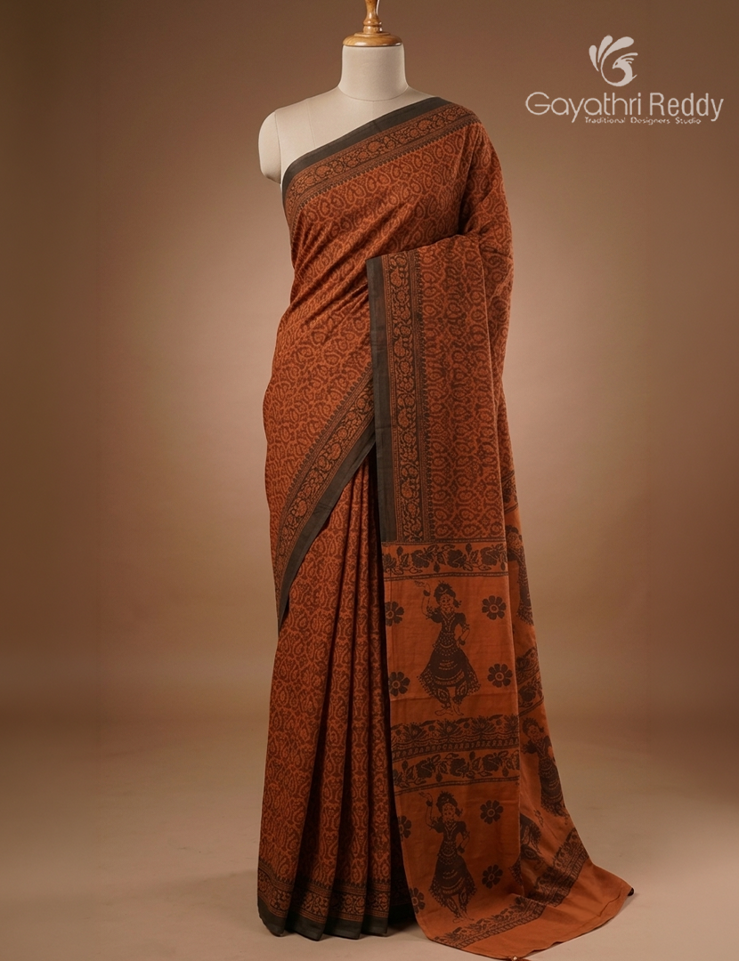 Pure MulMul Cotton Saree in Mustard , Brown and Black