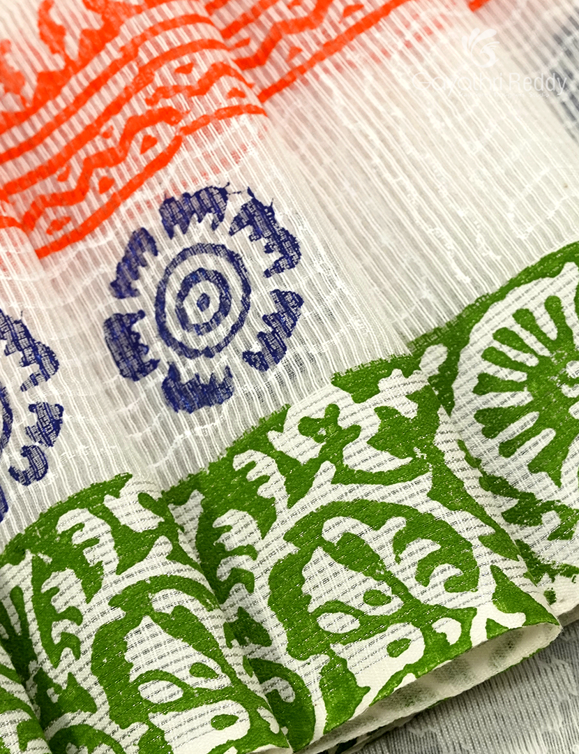 Munga Silk Saree in White with Tiranga Border Independence Day Special