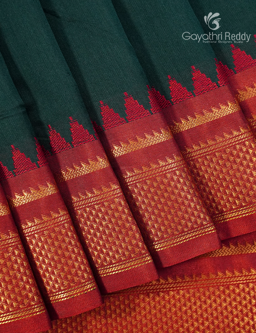 Semi  Kanchipuram Art Silk Saree in Deep Bottle Green and Red