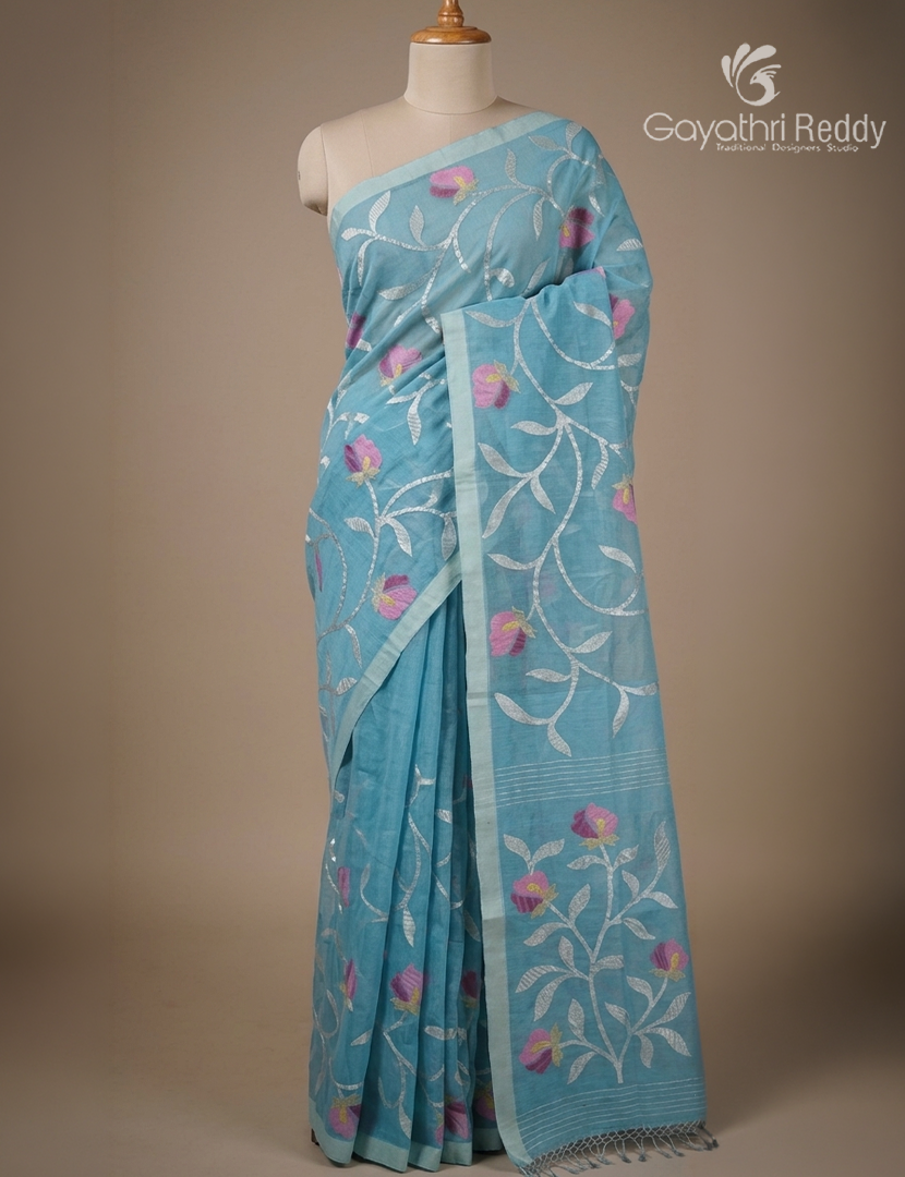 Pure Jamdani Kora Saree in Pastel Blue
