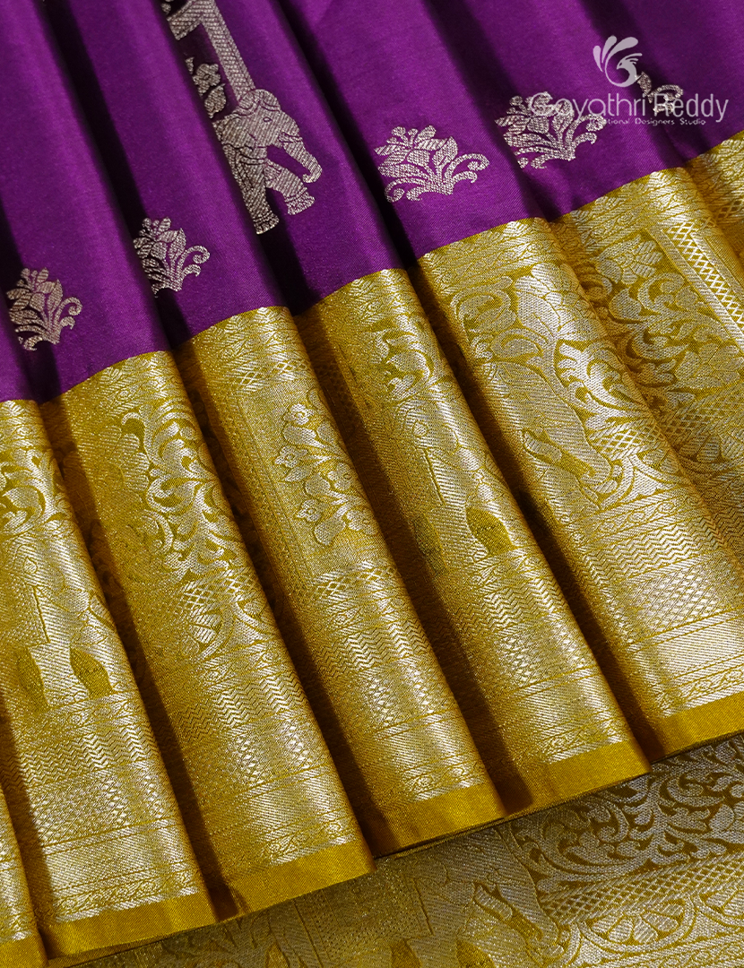 Soft Silk Saree in Deep Purple and Dry Mehendi