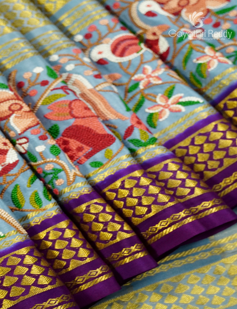 Pure Mysore Silk Saree in Red and Powder Grey