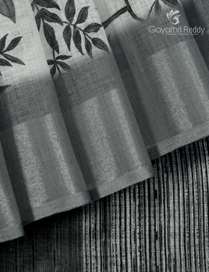Linen Silk Saree in White and Black