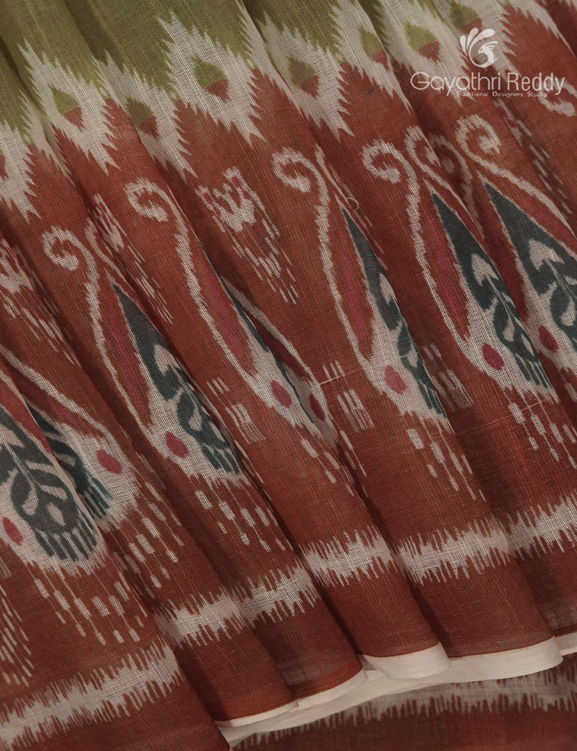 Linen Cotton Saree in Olive Green