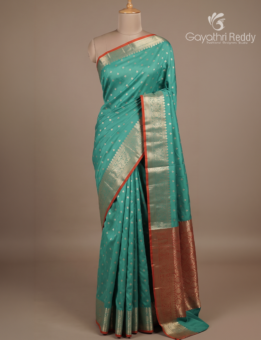 Semi Banaras Katan Silk Saree in Sea Green and Red