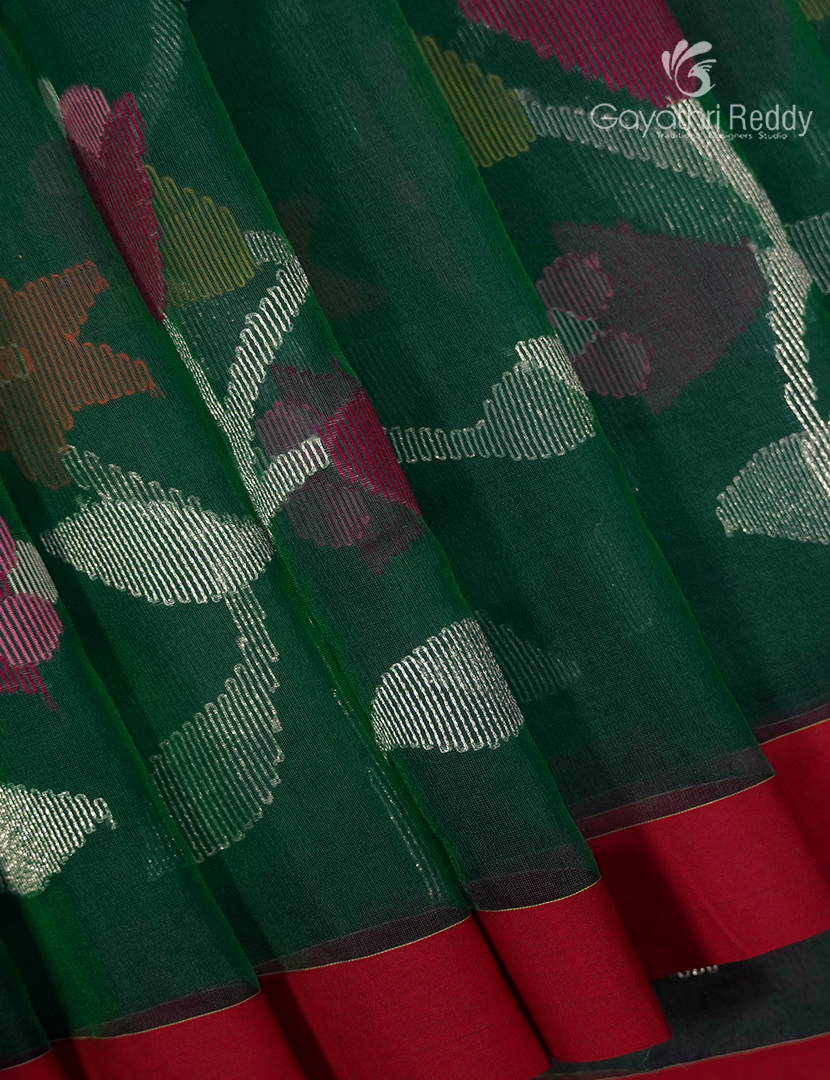 Pure Jamdani Kora Saree in Deep Rama Green