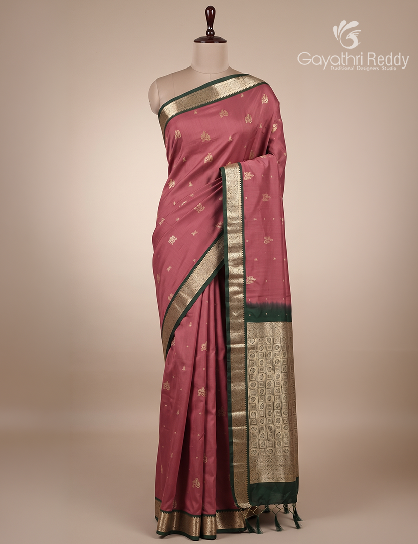 Soft Silk Saree in Deep Onion Pink and Deep Green
