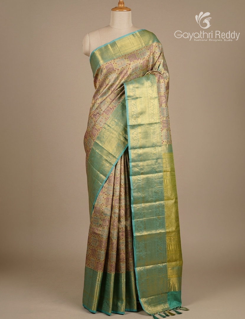 Pure  Kanchipuram Silk Saree  in Rose Gold and Mint Green ( Brocade Pattern )