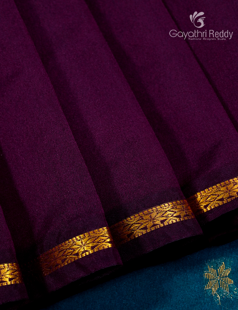 Silk Cotton Saree in Deep Purple and Sea Blue