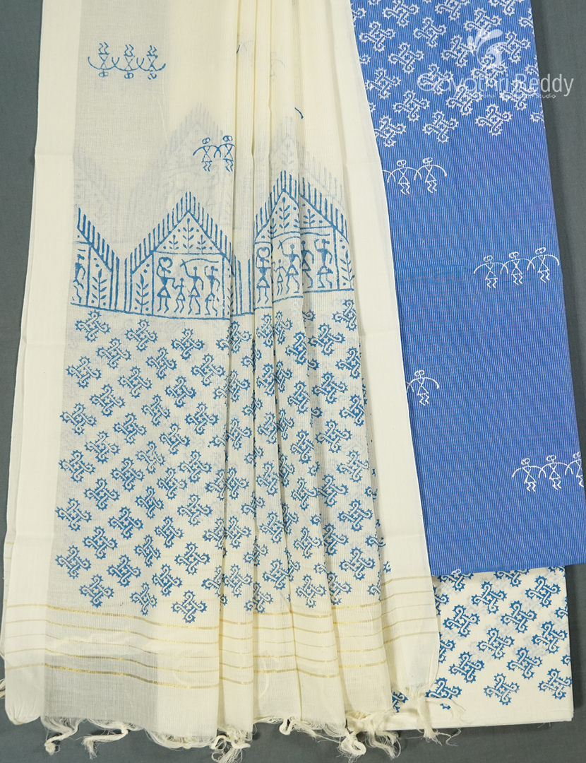 Cotton Dress Material Printed in Denim Blue and Cream