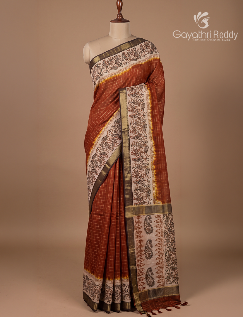 Mangalgiri Kalamkari Saree in Deep Rust
