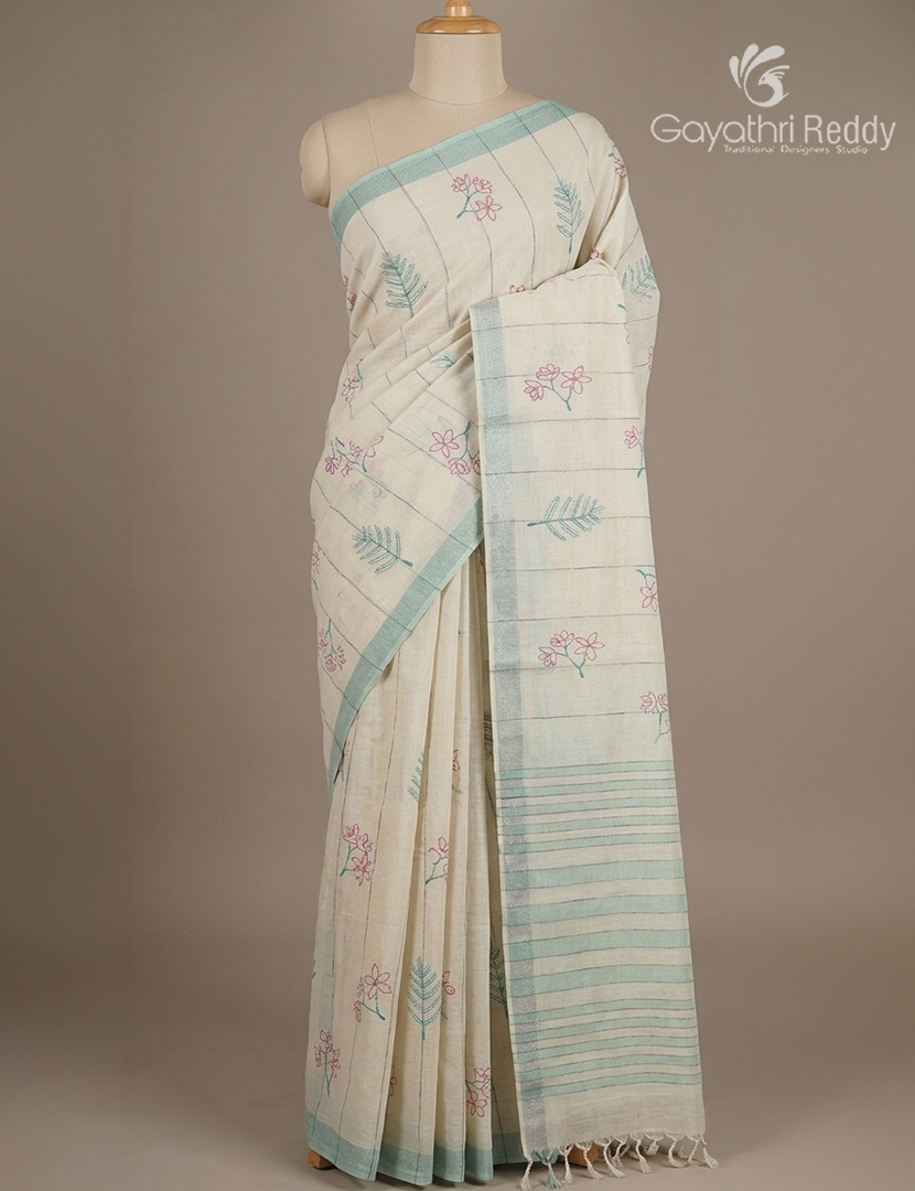 Pure Kanchi Cotton Printed Saree in Ivory and Mint Green