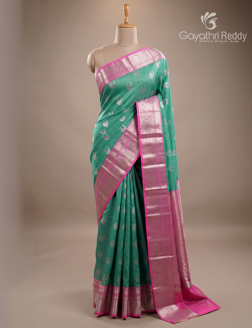 Pure Venkatagiri Silk Saree in Sea Green and Baby Pink