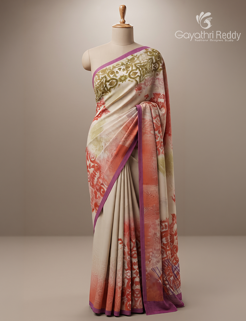 Pure Crepe Silk Saree in Cream and Pink