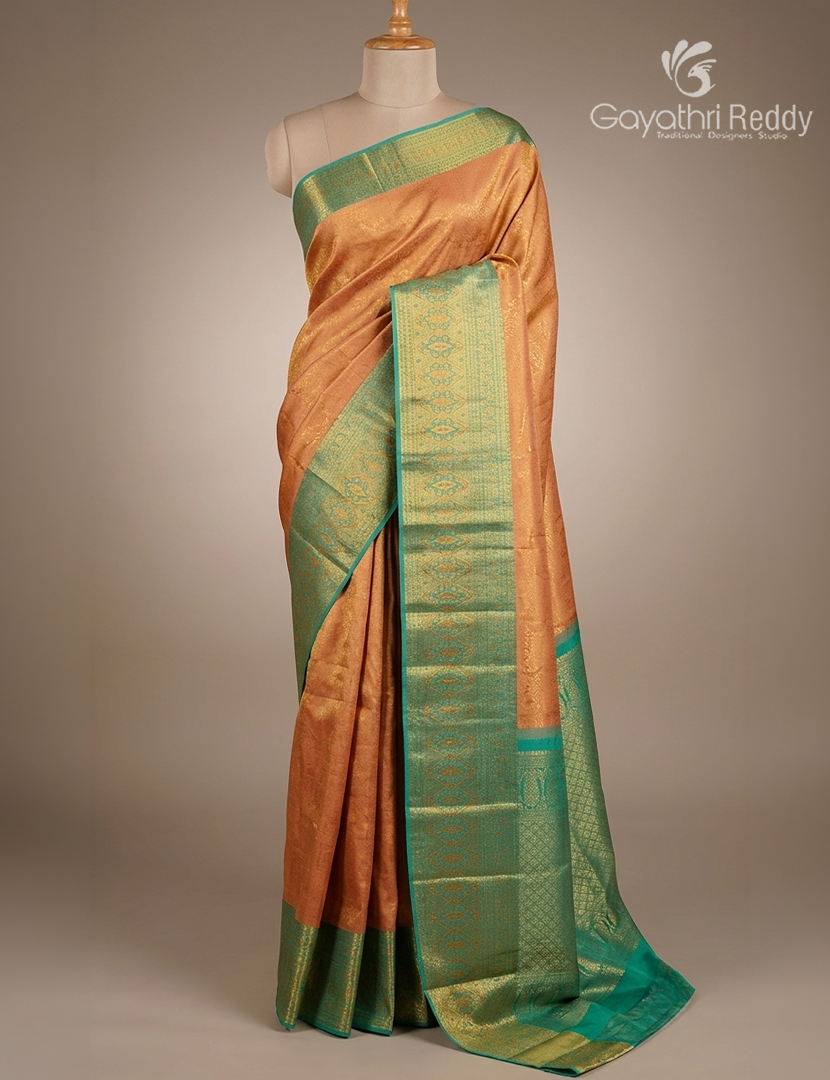 Pure Kanchipuram Bridal Silk Saree in Peach and Sage Green