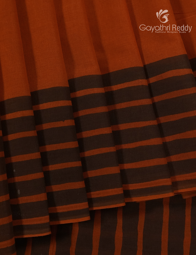 Pure MulMul Cotton Saree in Deep Rust and Black
